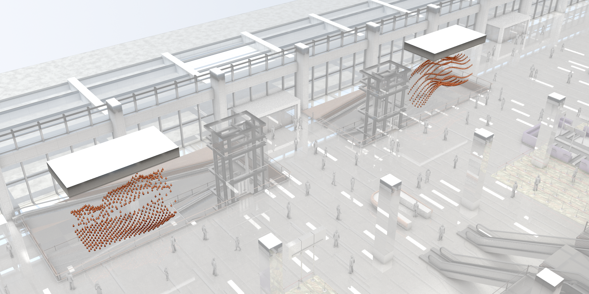 Rendering of Kinetic Rain installation in the airport terminal